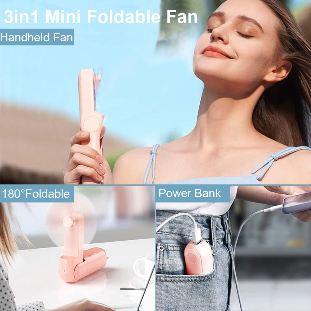 Portable Fan 2000Mah USB Rechargeable 3 Speed Mini Handheld Foldable Fan Hand Held Small Pocket Travel Fan with Handy Power Bank