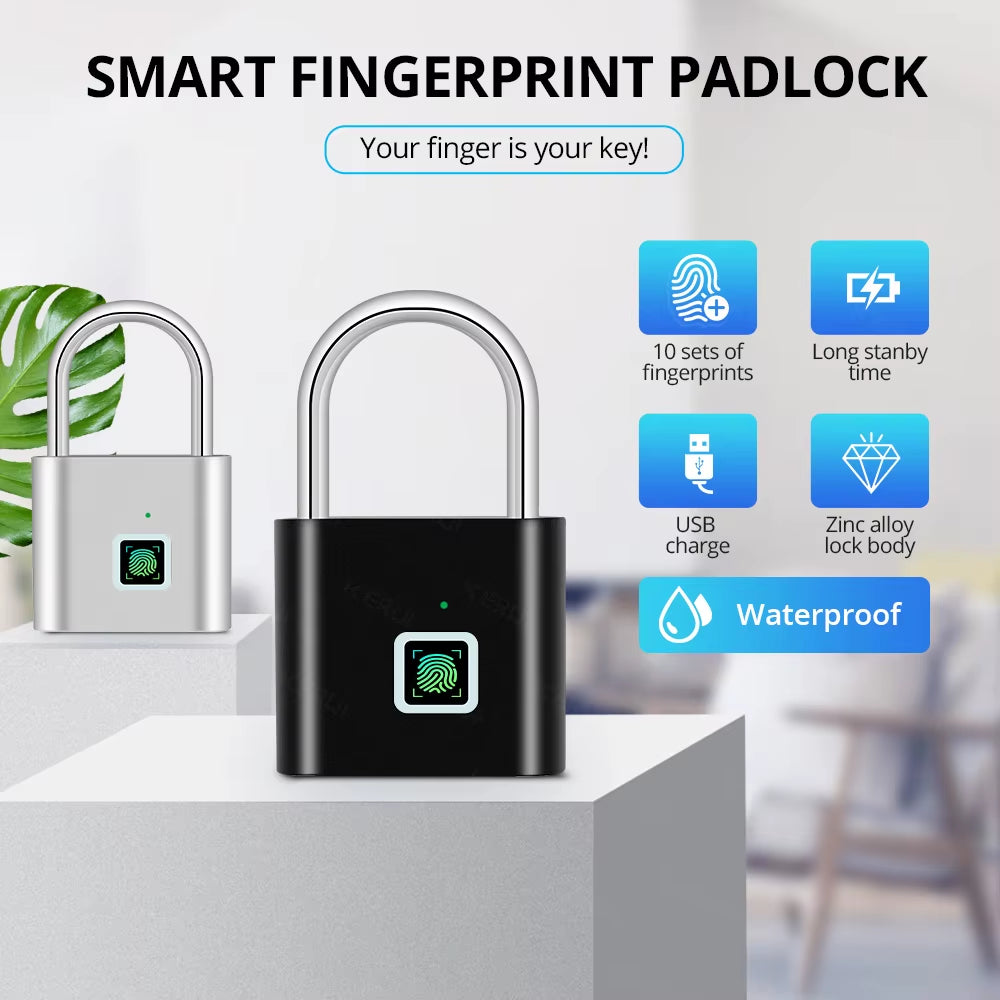 KERUI Keyless USB Charging Fingerprint Lock Smart Padlock Waterproof Door Lock 0.2Sec Unlock Portable Anti-Theft Padlock Zinc