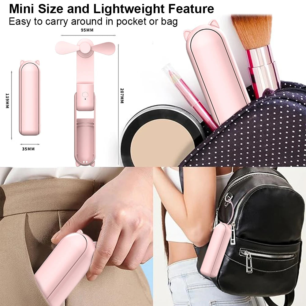 Portable Fan 2000Mah USB Rechargeable 3 Speed Mini Handheld Foldable Fan Hand Held Small Pocket Travel Fan with Handy Power Bank