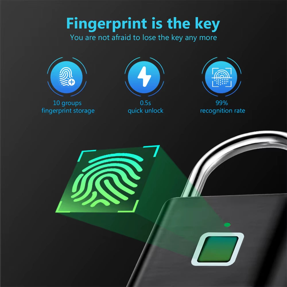 KERUI Keyless USB Charging Fingerprint Lock Smart Padlock Waterproof Door Lock 0.2Sec Unlock Portable Anti-Theft Padlock Zinc